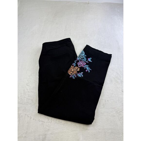 Slim-sation Pants Womens 12 Black Embroidered Floral Stretch Pull On Cropped - Picture 11 of 11